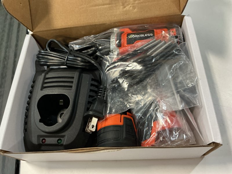 Condition photo showing Good Condition for 12v brushless power drill, cordless drill with lcd smart display, 29+1 torque setting, 3/8 inch keyless metal chuck, 2.0ah battery, fast charger and 18pcs bits included(orange)
