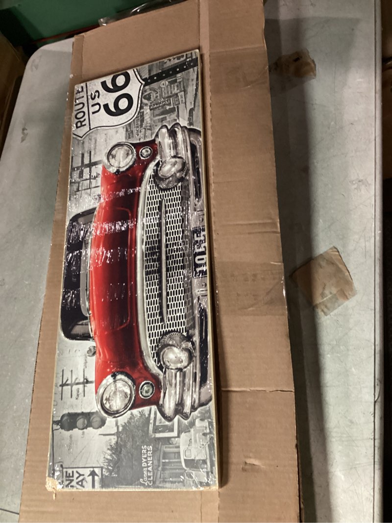 Condition photo showing New/Like New for Red Classic Car Route 66 Retro Wood Wall Decor - Large Classic Car Wall Art For Man Cave, Garage or Living Room