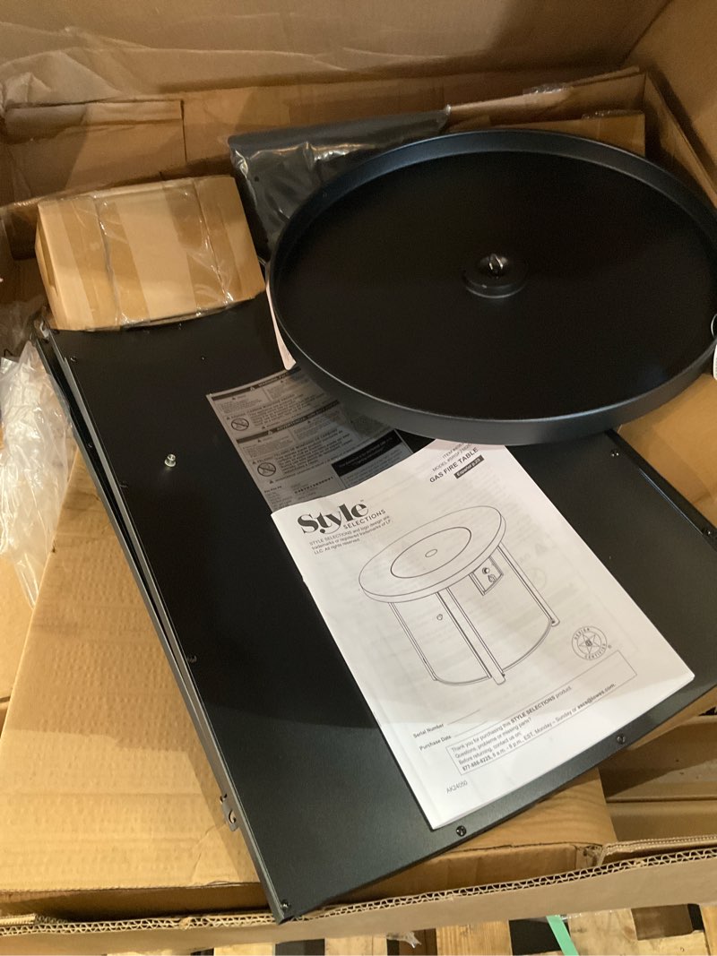 Condition photo showing As Is for style selections 30-in w black steel round liquid propane fire pit table