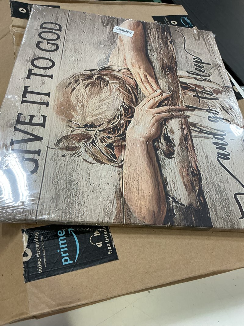 Condition photo showing Good Condition for farmhouse wall decor for bedroom give it to god and go to sleep sign pictures rustic above bed wall art christian girl sleep painting country bible verse canvas framed print artwork 24"x20" 24"l x 20"w go to sleep