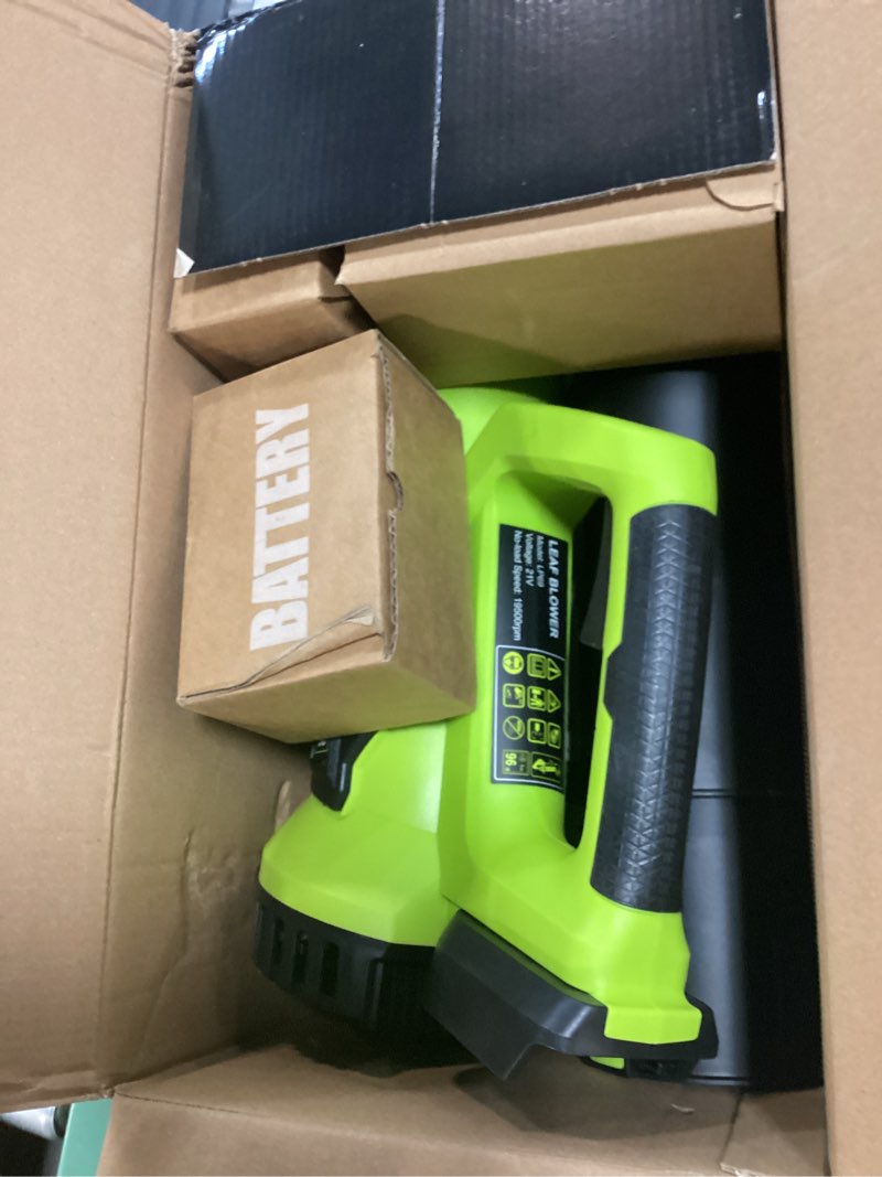 Condition photo showing Good Condition for leapul leaf blower cordless, 21v electric leaf blower with 2×2.0ah batteries & 1 fast charger, lightweight battery powered blower for lawn care, patio cleaning bright green