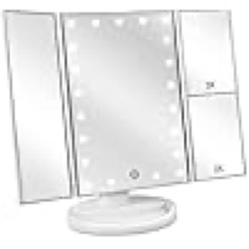 deweisn floor mount tri-fold lighted vanity mirror with 21 led lights, touch screen and 3x/2x/1x magnification, two power supply modes make up mirror,travel mirror