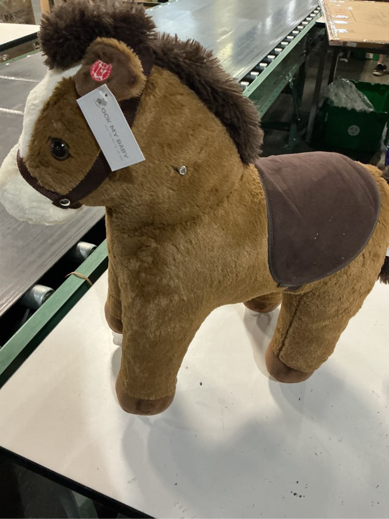 Condition photo showing As Is for rock my baby rocking horse, dark brown horse rocker for toddlers 18m+, plush ride on horse toy with realistic sound,soft stuffed filling, cpc certified chestnut, dark brown pony