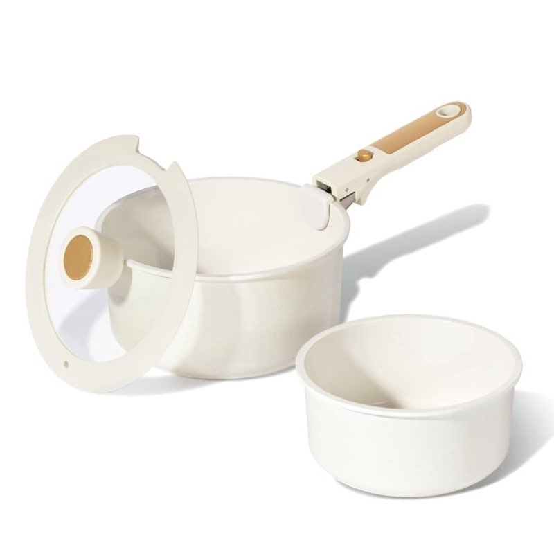incomplete , carote ceramic nonstick cookware set with induction, 4-piece set with detachable saucepan and lid, oven safe, dishwasher safe, cream white