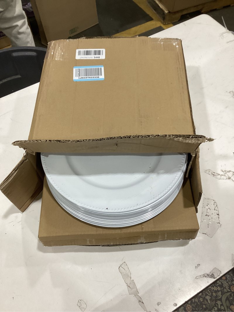 Condition photo showing As Is for 50 White Dinner Plates, 13" Round Beaded Decorative Chargers for Wedding, Holiday, Baby Shower Events (White) White 50 Pcs