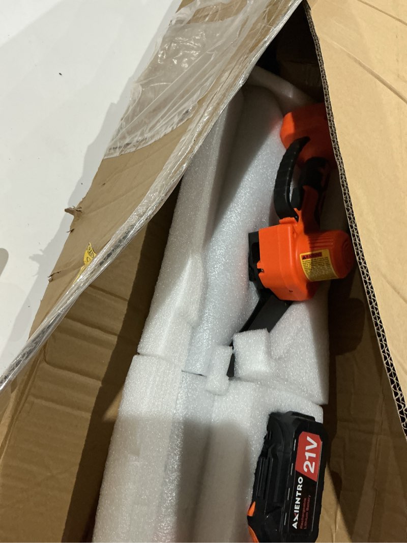 Condition photo showing As Is for electric 2-in-1 pole saws for tree trimming, 6 inch | electric chainsaw cordless with extenssion pole, 2x4000mah li batteries & charger, 16ft max reach light orange