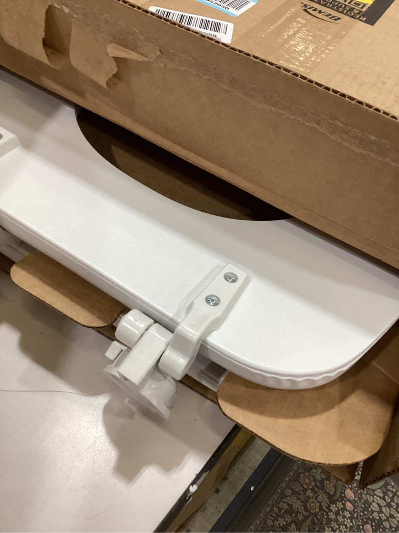 Condition photo showing As Is for mayfair padded toilet seat, cushioned soft vinyl over wood core seat, secure hinges, easy clean, made in usa, elongated, white