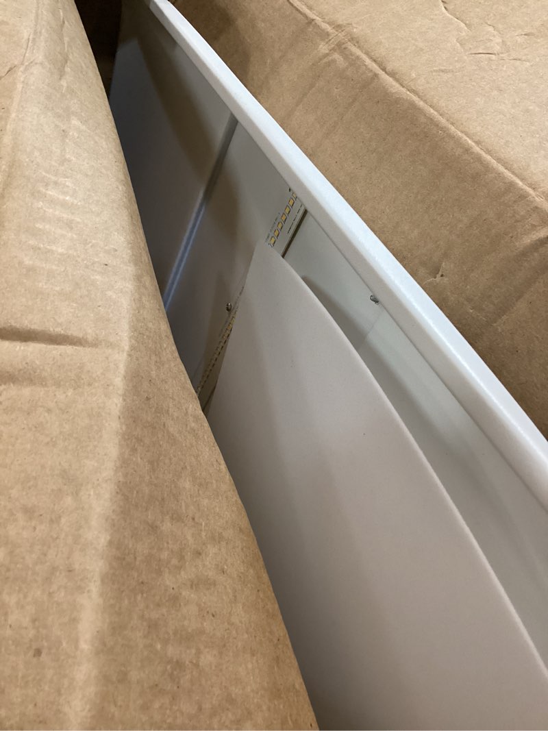 Condition photo showing As Is for lithonia lighting 2x4 led troffer light, stack switch led lay-in ceiling light fixture, adjustable lumens, 3500k/4000k/5000k switchable color temperature, includes emergency battery backup, white 4000-6000 lumens, white 2 feet by 4 feet includes battery backup