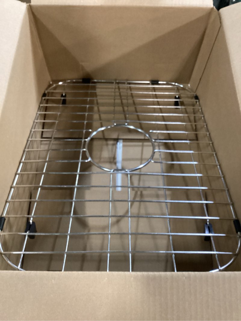 Condition photo showing As Is for LQS Sink Grid and Sink Bottom Grid, Sink Protector for Kitchen Sinks Stainless Steel 19 1/16" x 13 3/4" with Center Drain Hole for Single Bowl Kitchen Sinks 19 1/16" x 13 3/4" Center Drain