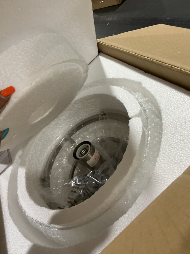 Condition photo showing Good Condition for wuzups chandelier rustic farmhouse industrial round semi-flushmount ceiling led light fixture with clear glass shades for bathroom kitchen foyer entryway, h 11.8" x w 13.4", e26 base, brushed nickel ceiling light, brushed nickel, 1-light