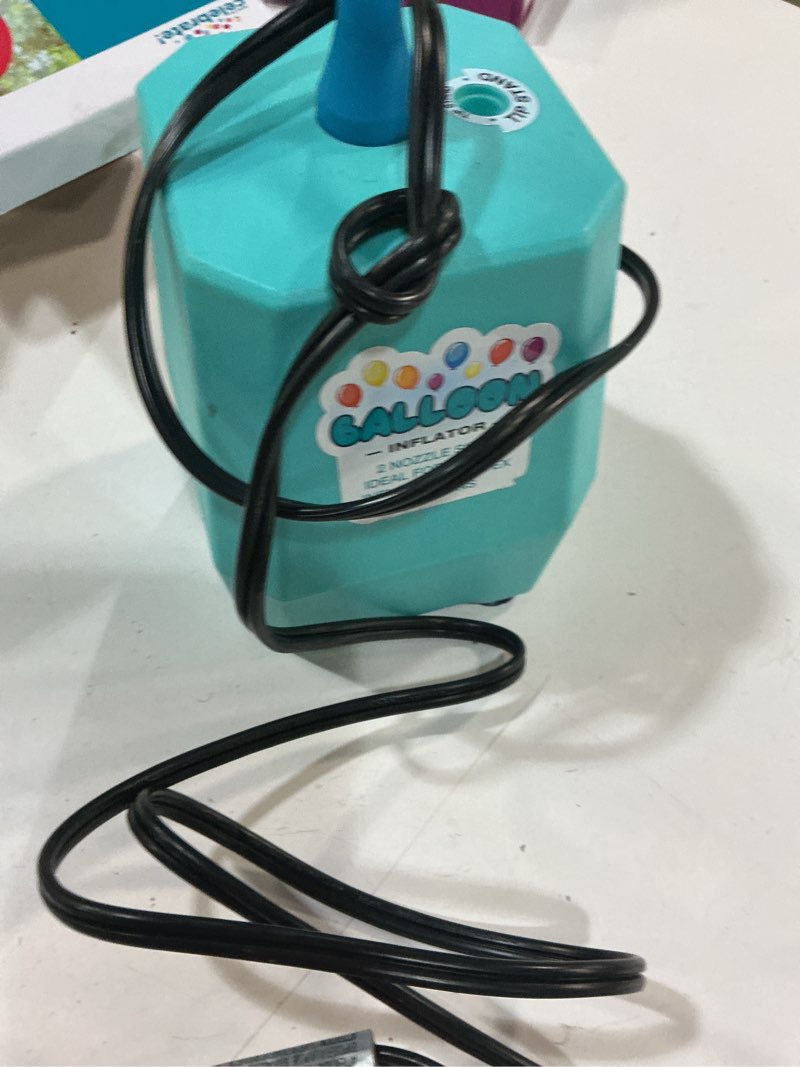 Condition photo showing Good Condition for 7" blue electric balloon inflator, with extendable tip and balloon knotter, by way to celebrate
