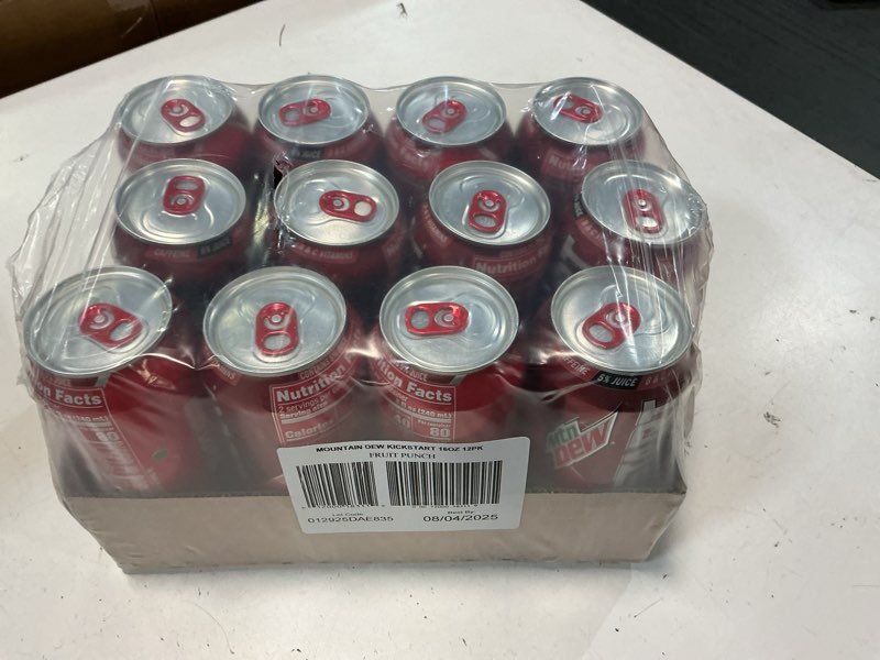Condition photo showing New/Like New for (BBD:08 /04 /2025 ) Mountain Dew Kickstart, Fruit Punch, 92mg Caffeine, Vitamins B & C, 80 Calories, 5% Juice, 16 fl oz (12 Count) Fruit Punch 16 Fl Oz (Pack of 12)