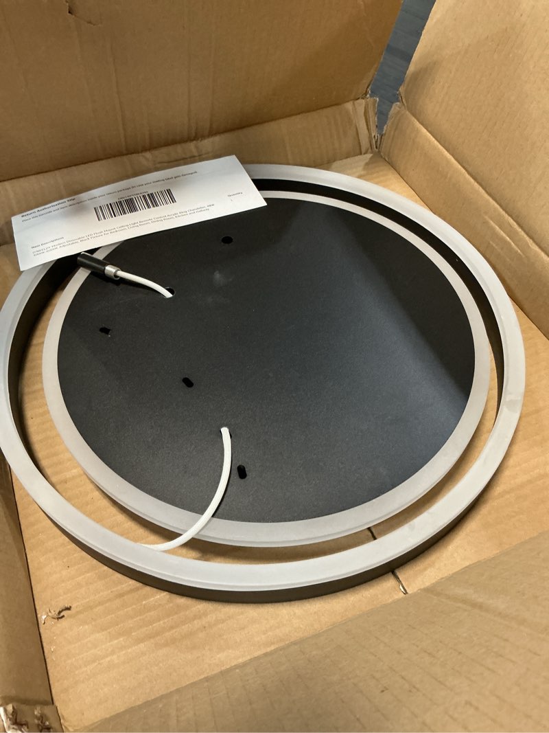 Condition photo showing As Is for o'neeldy modern dimmable led flush mount ceiling light remote control acrylic ring chandelier, 48w 3000k-6000k adjustable, black fixture for bedroom, living room, dining room, kitchen and hallway black ceiling light, 3-light