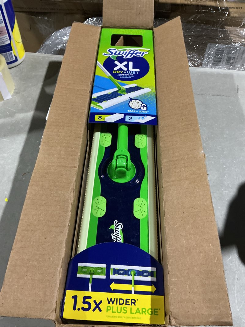Condition photo showing Good Condition for swiffer sweep + mop xl, broom & mop alternative, floor cleaner for dirt, dust, hair, all purpose cleaning tool for home, bathroom, kitchen, set includes 1 xl sweeper 8 xl dry pads 2 xl wet pads fresh xl starter kit (new!)
