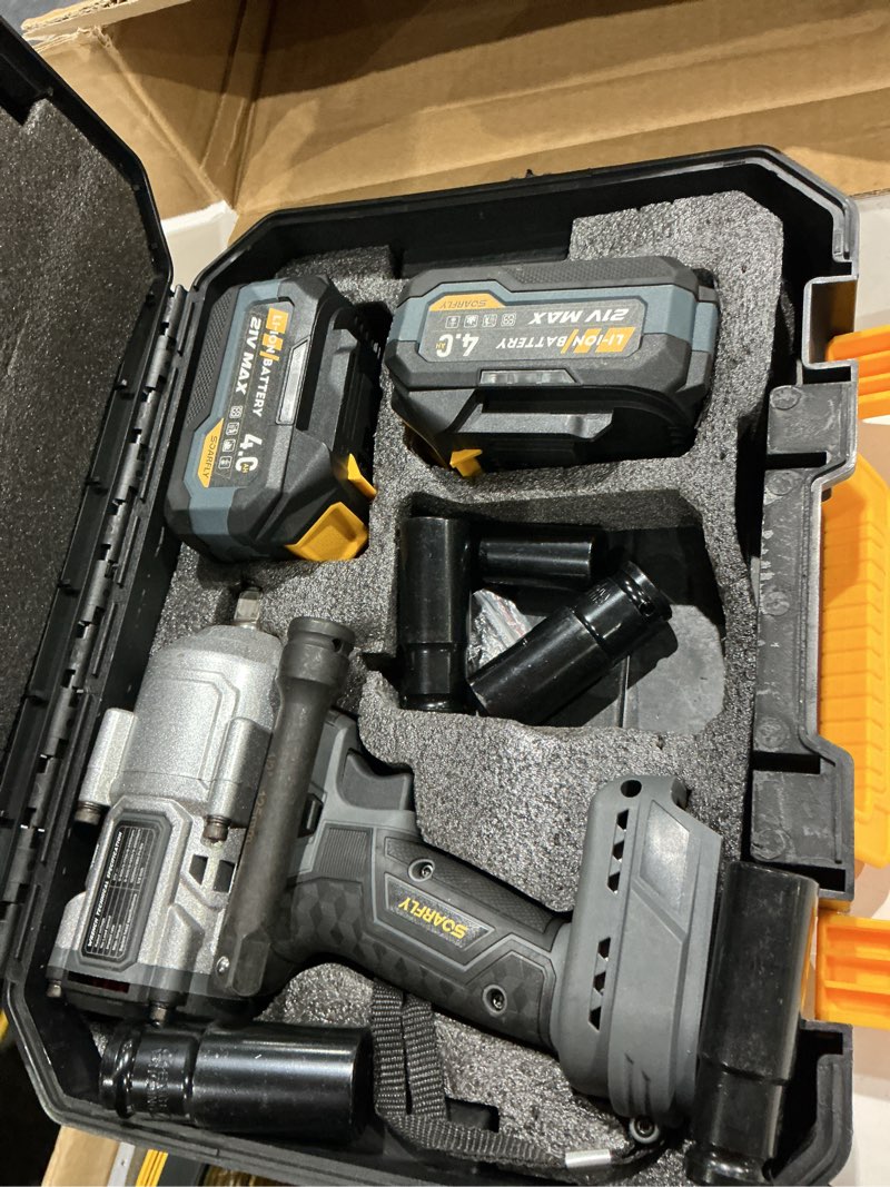 Condition photo showing Good Condition for soarfly upgraded cordless impact wrench 1/2", 900 ft-lbs (1200 nm) brushless impact gun, 21v high torque impact driver with 2x 4.0ah batteries, variable speed for car, truck, workshop, heavy-duty jobs gray