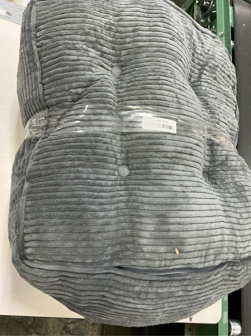 Condition photo showing As Is for HIGOGOGO Square Stuffed Pouf Ottoman, Corduroy Poufs with Foam Chunk Filling, Furry and Fluffy Pouf Foot Stool Storage Ottoman, 21 X 21 Floor Poufs Foot Rest for Living Room, Dark Grey 21.6 Inch Dark Grey