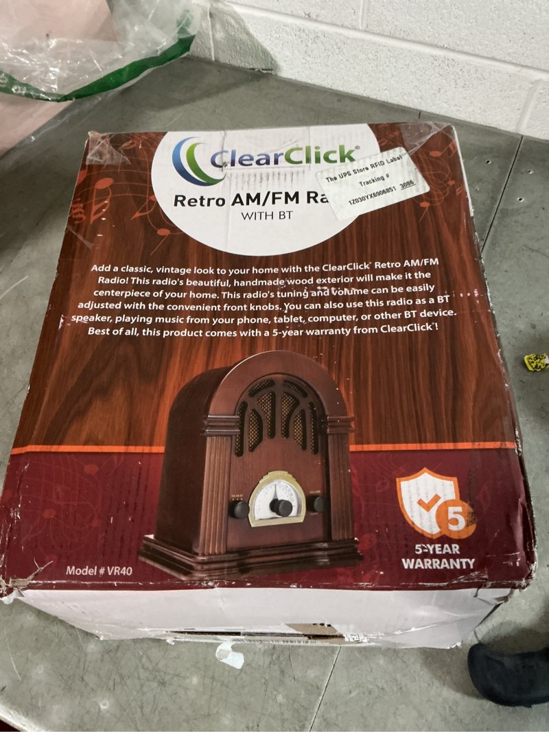 Condition photo showing New/Like New for clearclick retro am/fm radio with bluetooth - classic wooden vintage retro style speaker