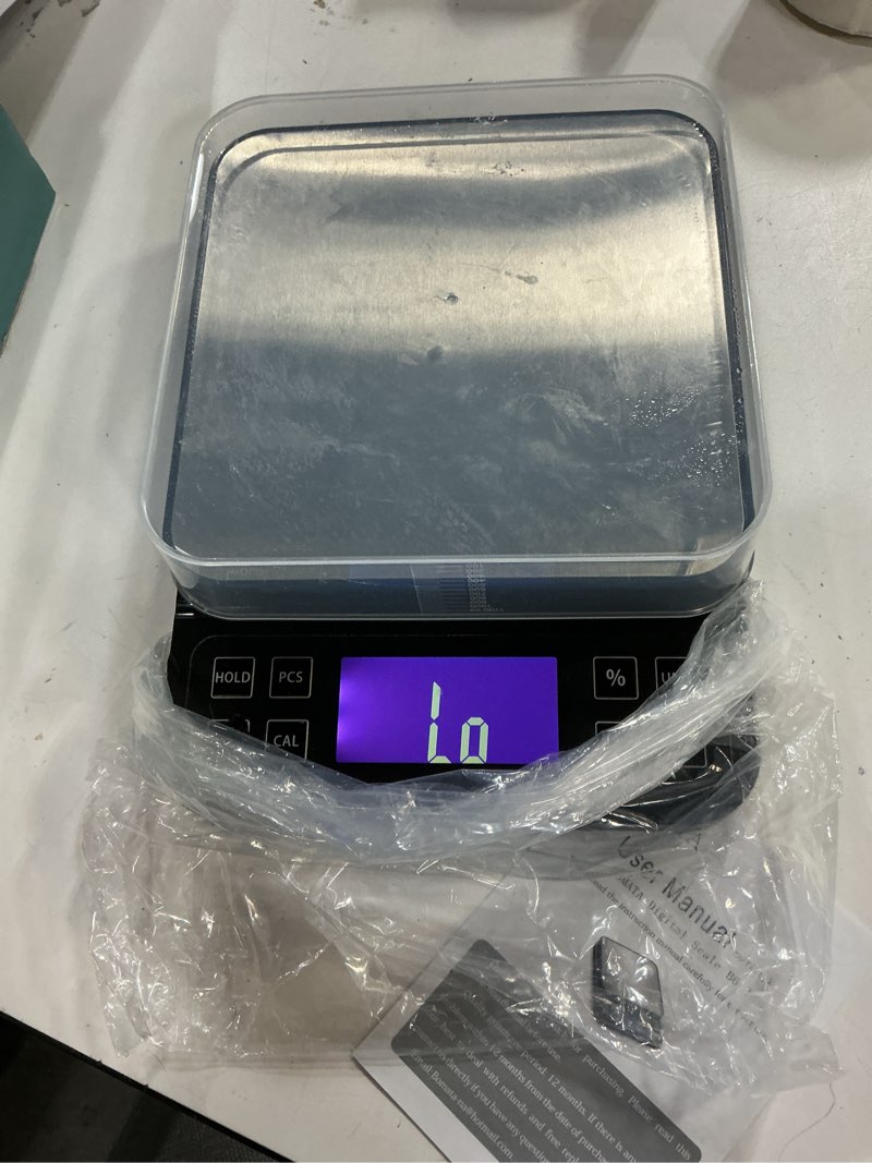Condition photo showing Good Condition for bomata large kitchen scale with 0.1g/0.001oz high precision, 5kg/11lb bakery scale with% percentage function, usb rechargeable, full-view angle lcd with backlight, stainless steel pan black