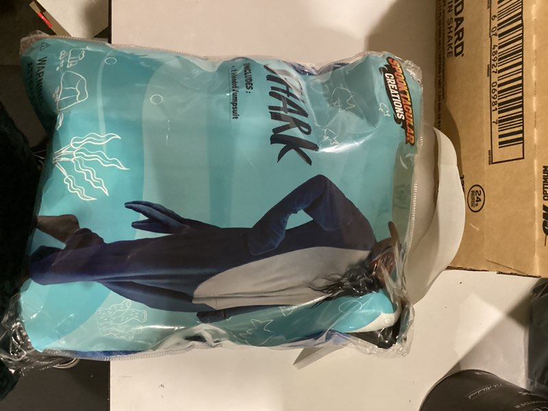 Condition photo showing Good Condition for (Size MEDIUM)Spooktacular Creations Halloween Shark Costume, Adult Shark Costume, Jumpsuit Marine for Halloween Dress Up Medium Blue