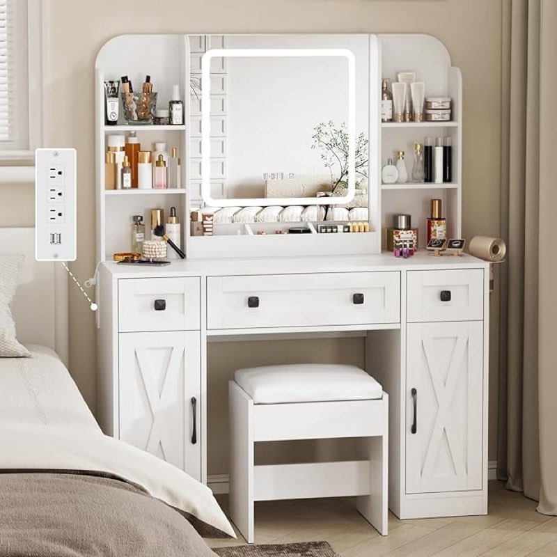 Vabches Makeup Vanity Desk, Vanity Mirror with Lights Desk and Chair,Makeup Table with 3 Large Drawe