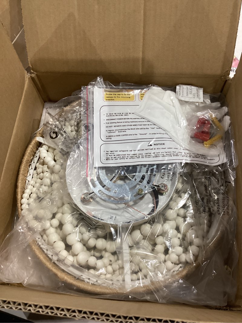 Condition photo showing Good Condition for Capslpad Wood Beaded Flush Mount Ceiling Light Antique Rustic Mini Chandelier 3-Light White Boho Light Fixture for Dining Room,Nursery Room,Bedroom,Girl Room,Hallway,Entryway,Passway Warm White