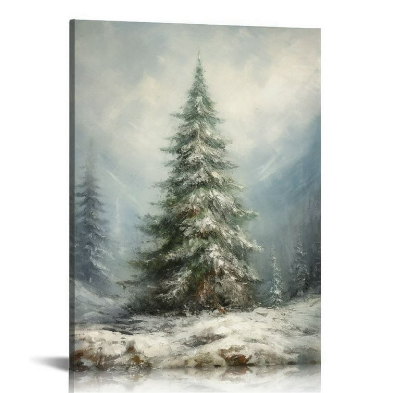 Vintage ChristmasTree Canvas Wall Art, Winter Botanical Painting Poster, Christmas Wall Decor Print,