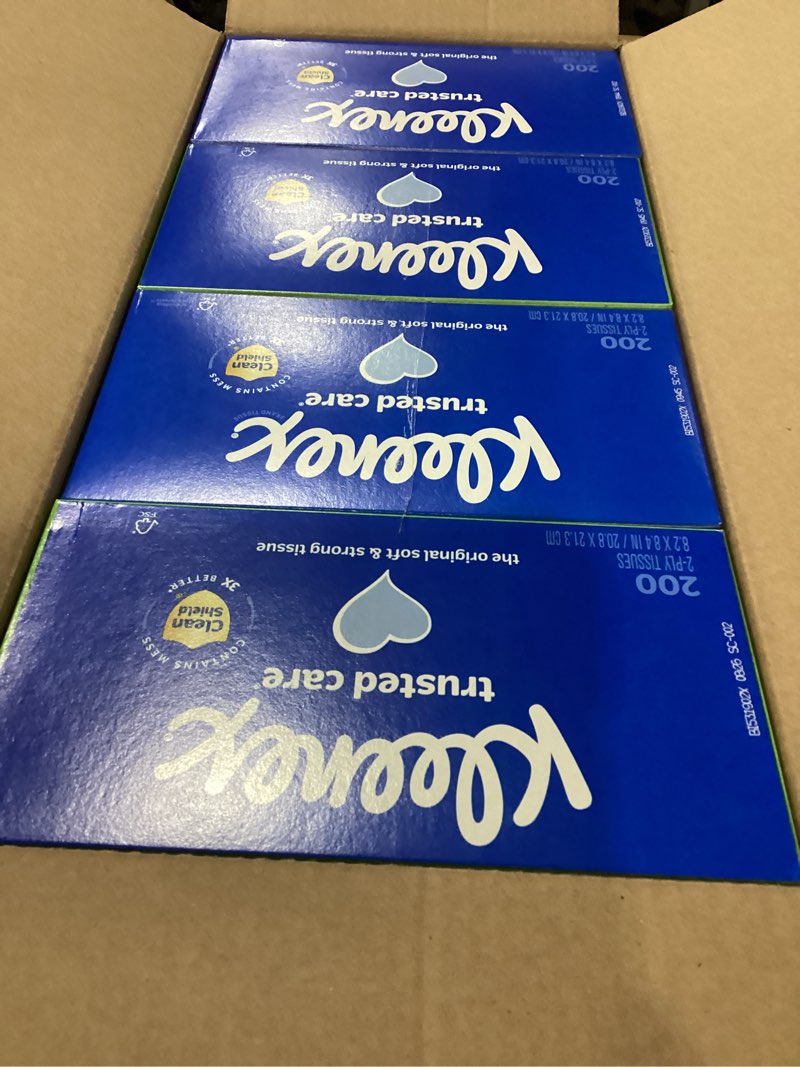 Condition photo showing New/Like New for kleenex trusted care facial tissues, 8 flat boxes, 200 tissues per box, 2-ply, packaging may vary white 200 tissues (pack of 8)