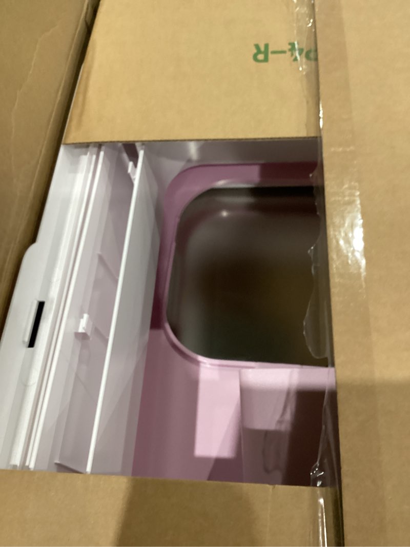 Condition photo showing As Is for RIZZARI Enclosed Cat Litter Box: Pink Stainless Steel Odorless Litter Box with Top Exit - Anti Leakage - Large Litter Pan for Small to Large Sized Cats in Living Room Garage 23.8"L*15.9"W*16.1"H Pink