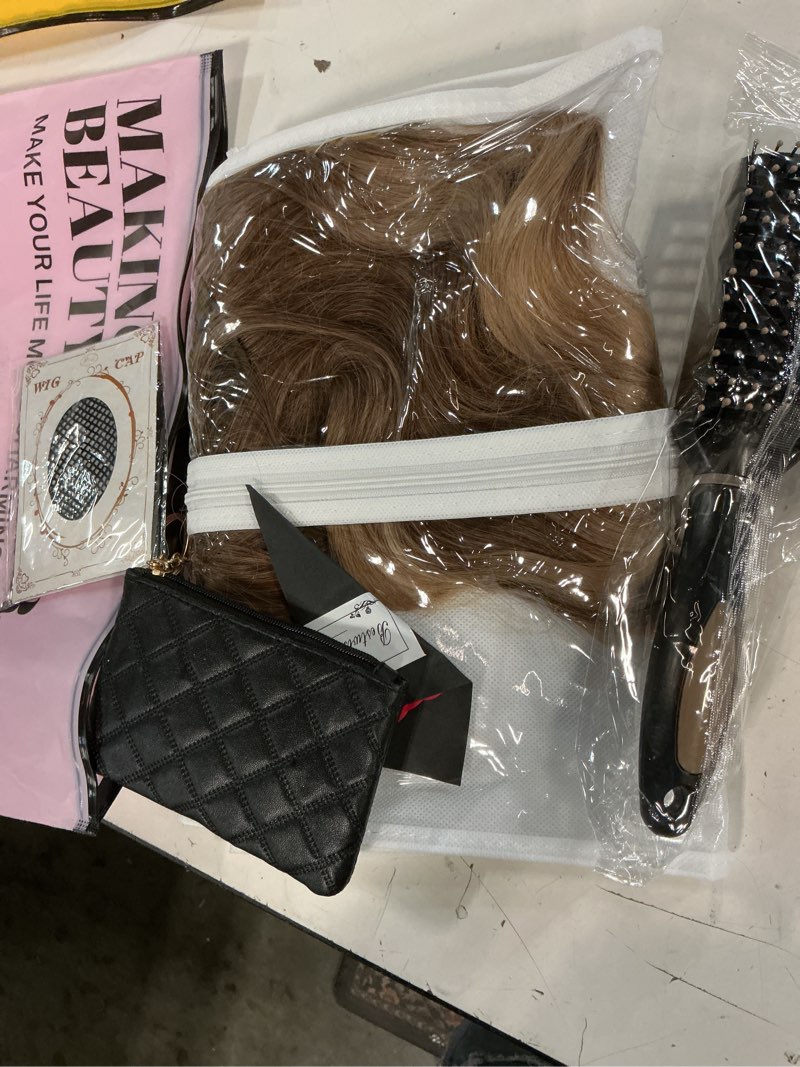 Condition photo showing Good Condition for ombre brown human hair wigs medium length wavy curly with full bangs for women natural look lightweight glueless (light brown, short) light brown short