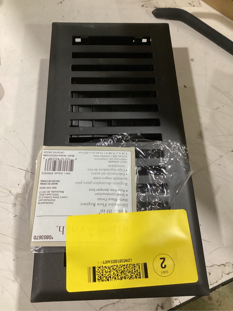 Condition photo showing Good Condition for allen + roth 4-in x 10-in maximum airflow steel matte black brooklyn design floor register