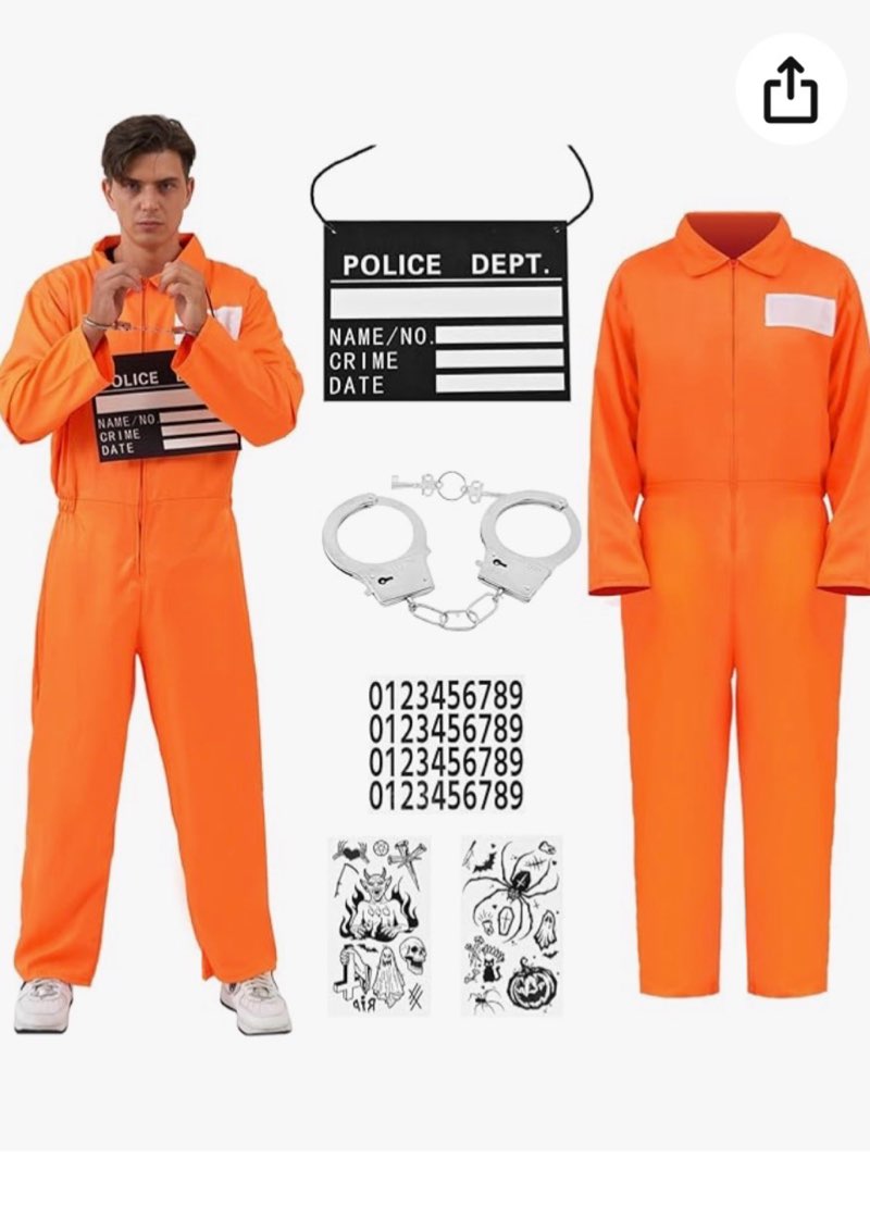 Arvilhill 5 Pcs Jail Costume for Adult Men Orange Suit with Handcuffs Sign Number Stickers Tattoo Cl