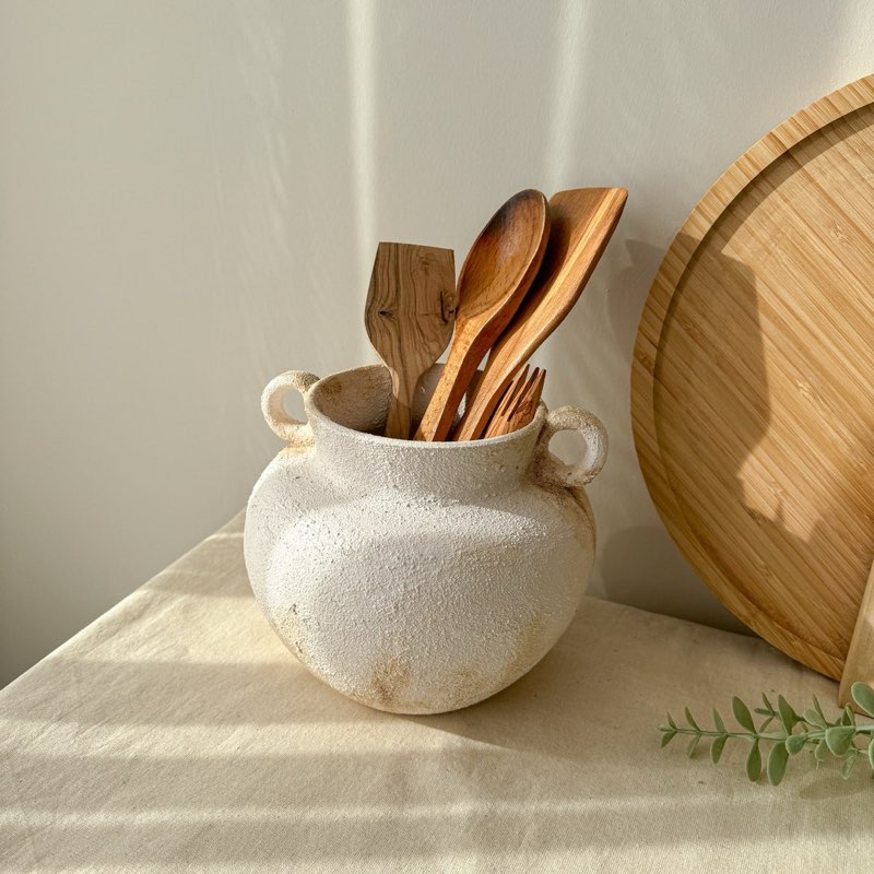 Rustic Kitchen Utensil Holder, White Textured Ceramic Vase, Handled Kitchen Crock, Spoon Holder, Pottery Vase, New Home Gift ( similar ) 