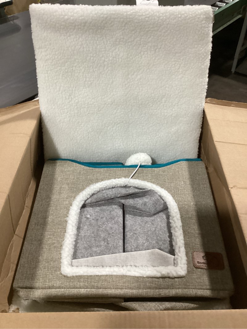 Condition photo showing Good Condition for Bedsure Cat Beds for Indoor Cats - Large Cat Cave for Pet Cat House with Fluffy Ball Hanging and Scratch Pad, Foldable Cat Hideaway, 16.5x16.5x13 inches, Grey Grey Single