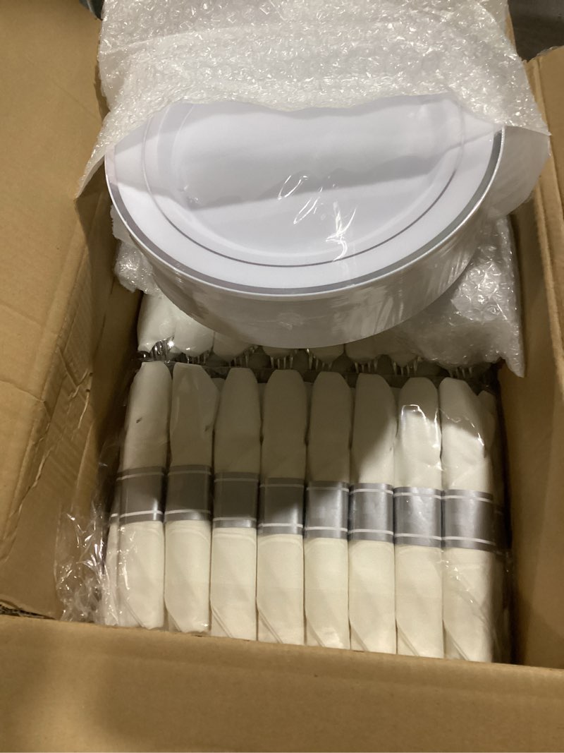 Condition photo showing Good Condition for Goodluck 350 Piece Silver Plastic Dinnerware Set for 50 Guests, Fancy Disposable Plates for Party, Include: 50 Dinner Plates, 50 Dessert Plates, 50 Pre Rolled Napkins with Silver Silverware, 50 Cups Silver 350 Piece (50 guests)