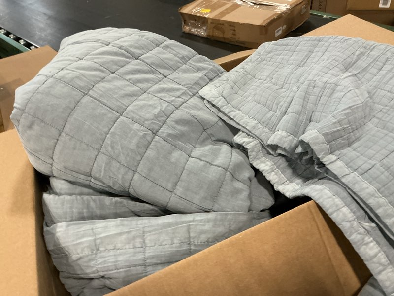 Condition photo showing Good Condition for evergracehome 100% cotton box stitch quilt bedding set king size 3 pieces, garment-washed lightweight soft cozy coverlet, oversized quilted bedspread sets with 2 shams for all season, blue linen king (108” x 96”) blue linen