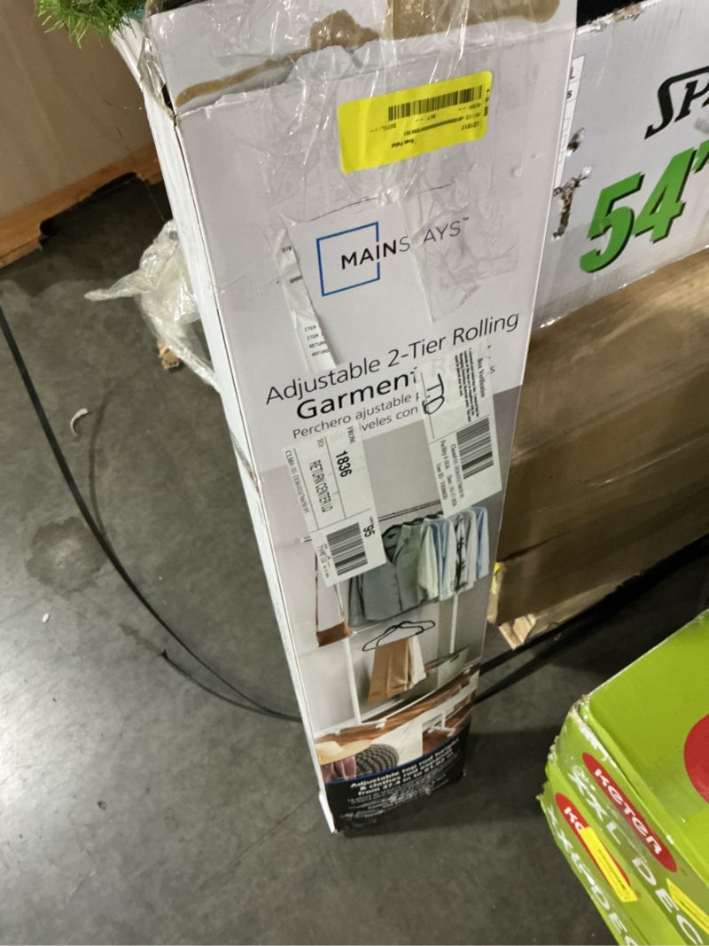 Condition photo showing As Is for mainstays 2 tier adjustable chrome garment rack with silver metal and white rod