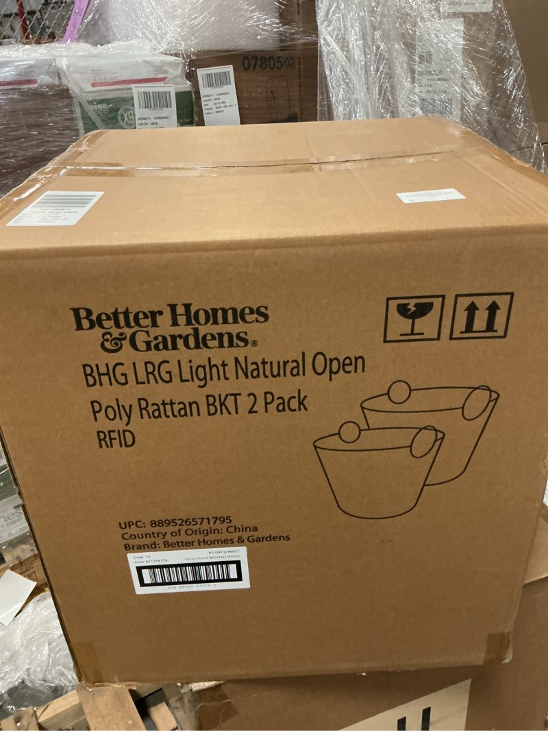 Condition photo showing New/Like New for better homes & gardens large light natural open poly rattan storage basket with handles  2 pack