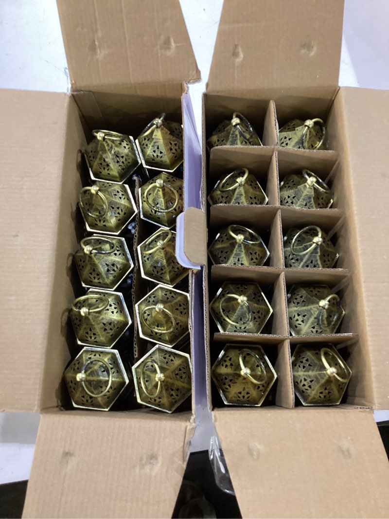 Condition photo showing New/Like New for mini lantern with flickering led candles set of 20, hewory gold vintage decorative hanging candle lanterns for halloween, christmas, wedding decorations, party, table centerpiece, battery included 20pcs gold