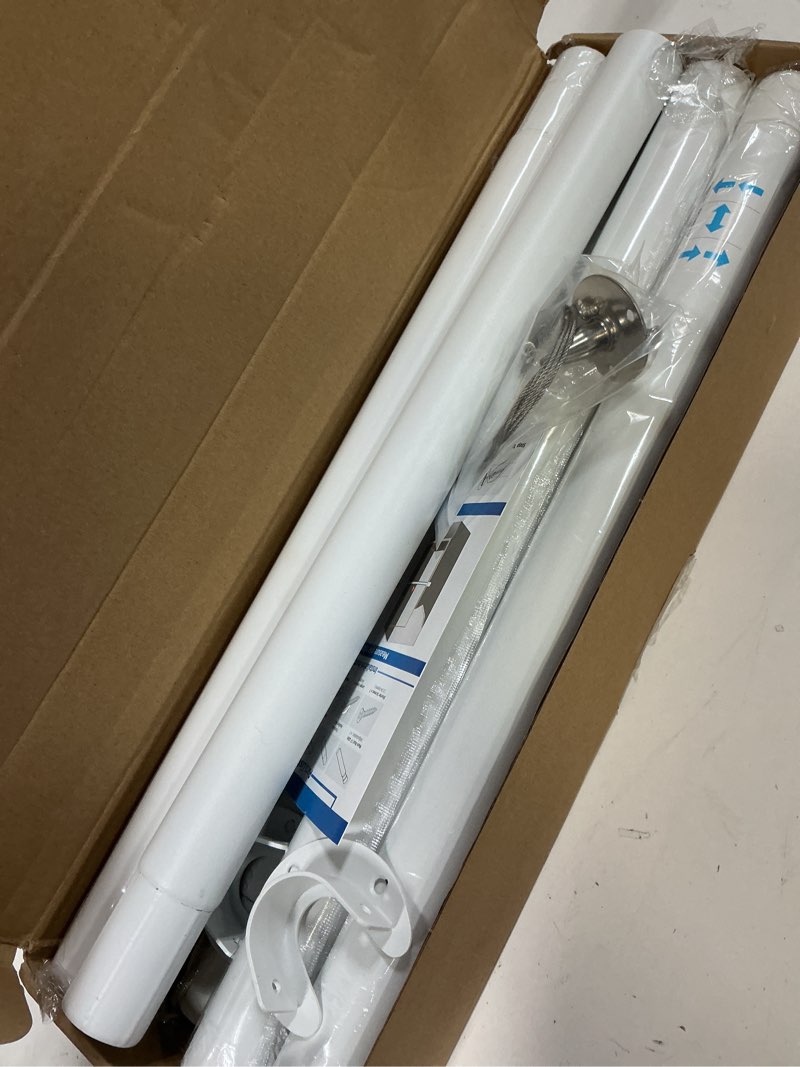 Condition photo showing Good Condition for closet rods for hanging clothes, 17 to 129 inches stepless adjustable metal closet rod, 1.3 inches heavy duty clothes hanging rod for closet wardrobes laundry rv, white matte white 17-129in