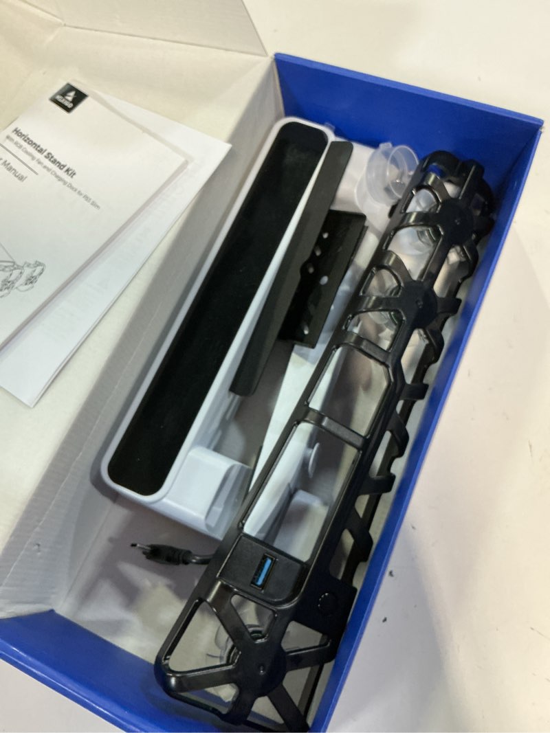 Condition photo showing As Is for nexigo ps5 slim horizontal stand with charging station for dual_sense&dual_sense edge controllers,silent cooling fan w/intelligent temperature control, led indicators, white white stand with fans and charging