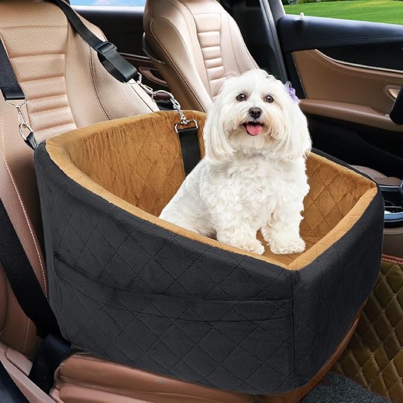 neezukar dog car seat for small medium dogs,detachable washable dog booster seat under 30lbs, pet car seat travel bed with storage pockets and dog safety belt(black/brown