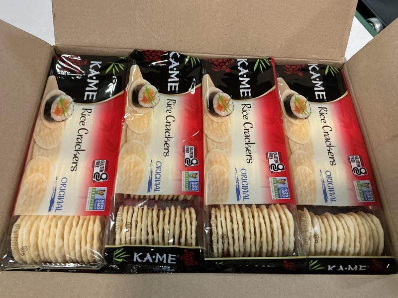 Condition photo showing New/Like New for  ( BBD :SEP /30 /2026  )) KA-ME Gluten-Free Original Rice Crunch Crackers 3.5 oz (Pack of 12), Authentic Asian Ingredients and Flavors, Certified Gluten Free Crackers, No Artificial Flavors/Colors, Non GMO Snacks, Served with Asian Salmon, Cream Cheese, Egg & Tuna Salad, Asian Guacamole, Hummus & Many More Original 3.5 Ounce (Pack of 12)
