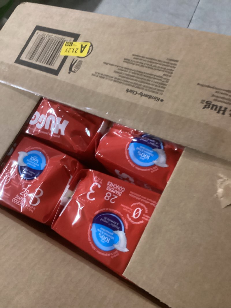 Condition photo showing New/Like New for huggies size 3 diapers, little snugglers baby diapers, size 3 (16-28 lbs), 168 count (6 packs of 28), packaging may vary