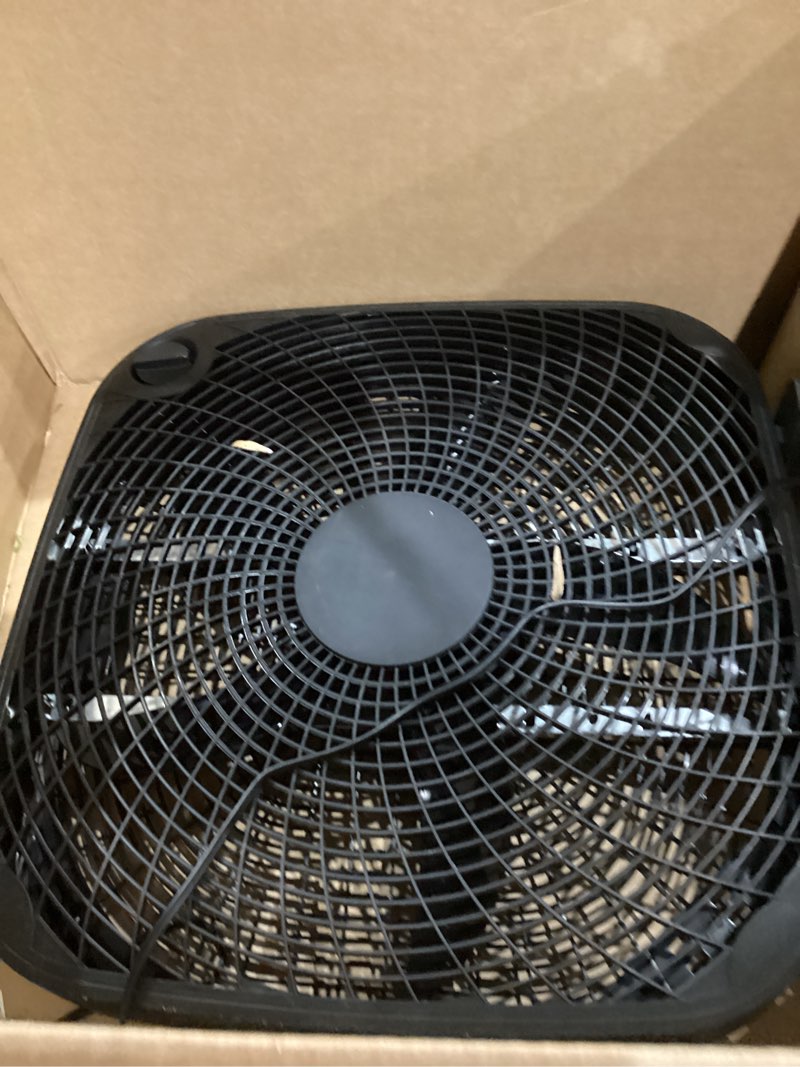 Condition photo showing As Is for amazon basics 3-speed box fan for bedroom, portable with carry handle, powerful airflow, 5 blades, lightweight design, 67 watts, 20-inch, black, 6.8"d x 20.86"w x 21.33"h