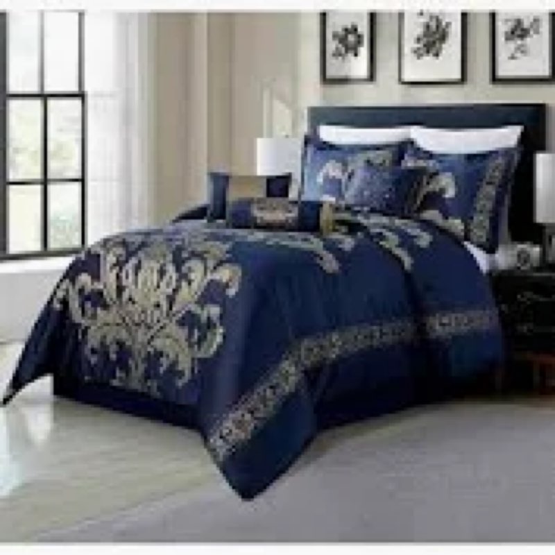 Chezmoi Collection 7-Piece Jacquard Floral Comforter Set (Queen, Navy/Gold)