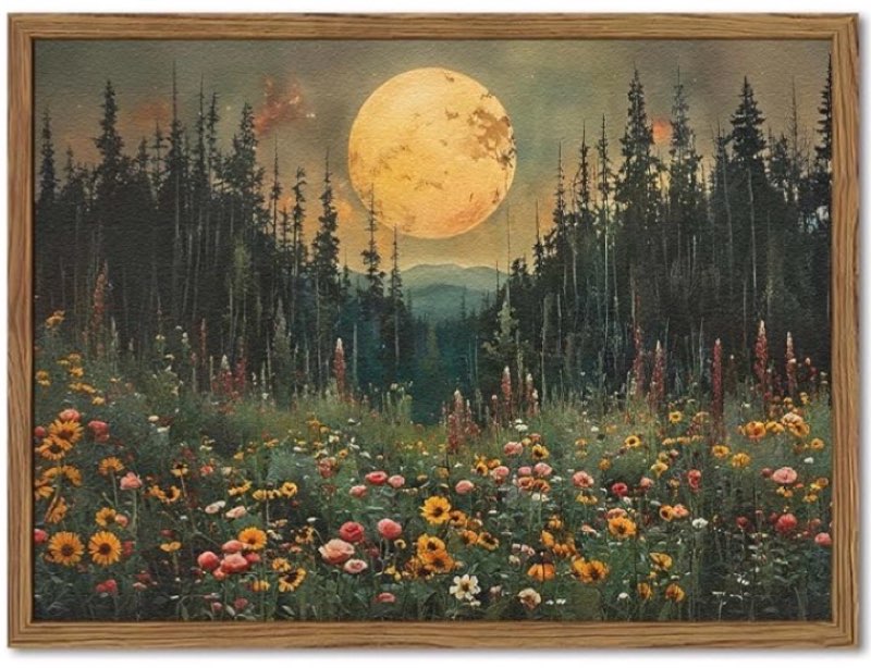 vintage forest moon wall art, nature pine tree woodland wall decor paintings, dark cottagecore landscape 3d textured hand drawn sandstone artwork for bedroom living room 24x36 inch wood framed