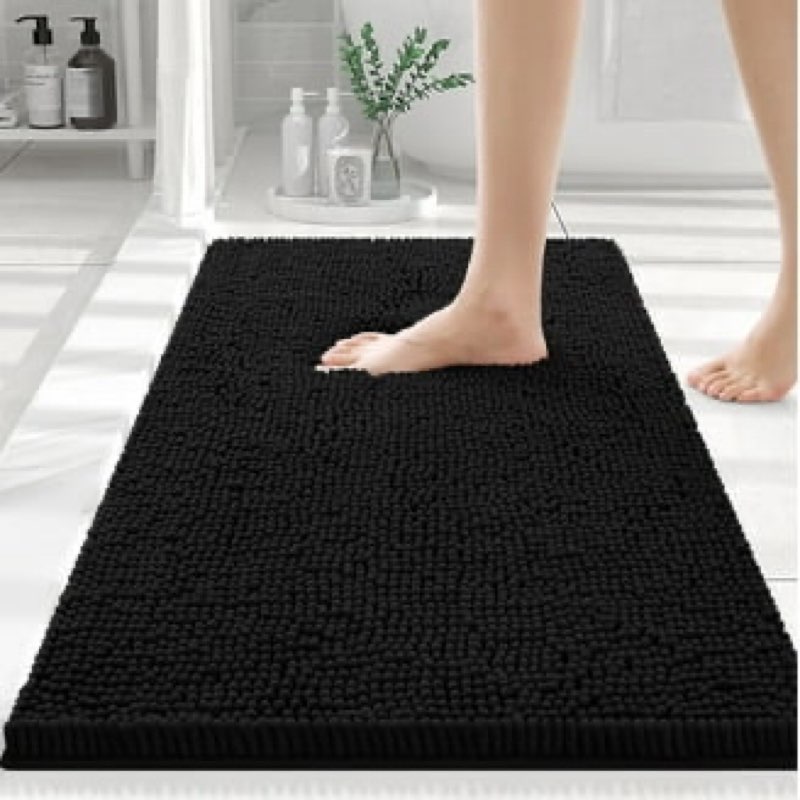 smiry luxury chenille bathroom rugs, extra soft and absorbent bath mat, black, 16"x24"