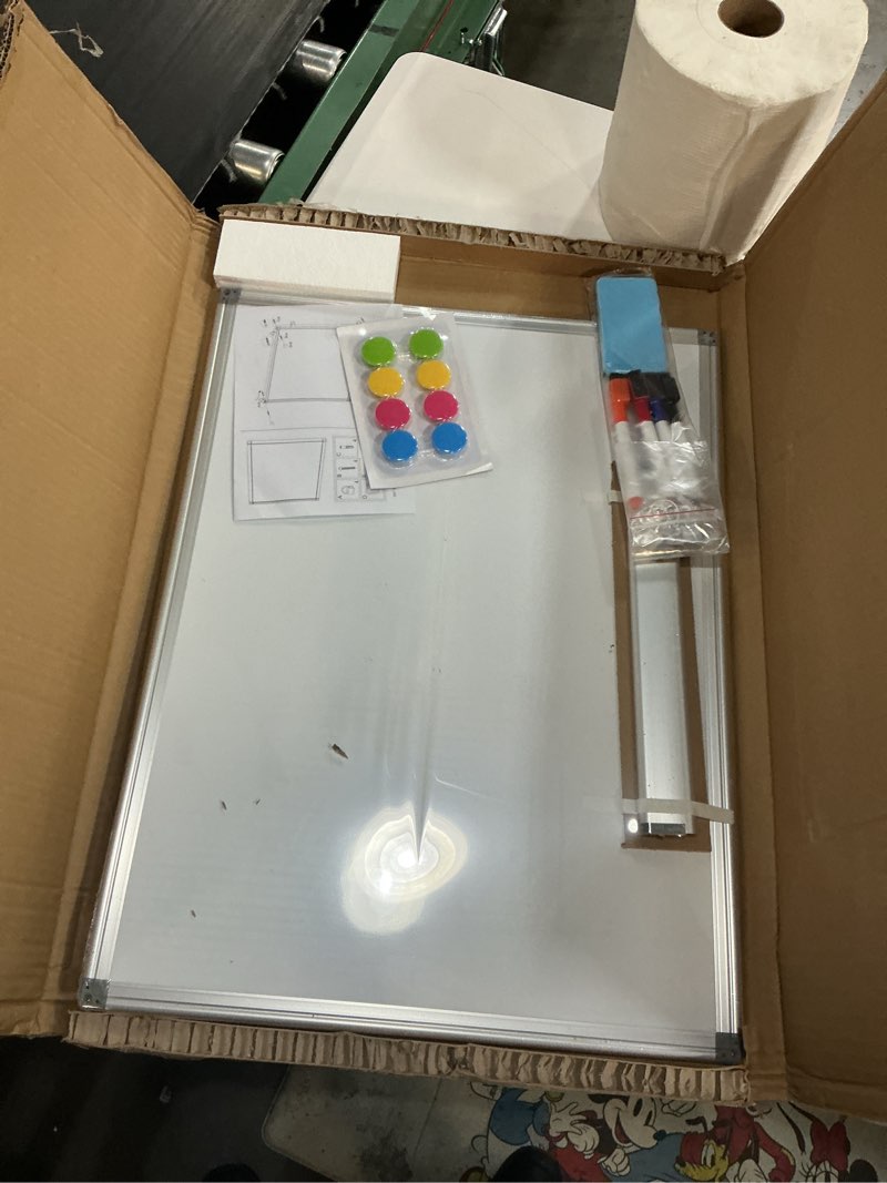 Condition photo showing New/Like New for double-sided magnetic whiteboard, 24" x 18" dry erase board aluminum frame for wall, white board marker board for kitchen, memo, school, home, office