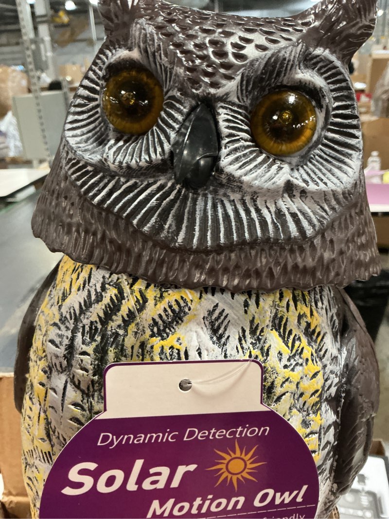 Condition photo showing As Is for owlsome solar owl with glowing eyes, rotating head, hoot sound, motion detector and silent mode, plastic owl garden sculpture, garden decoration