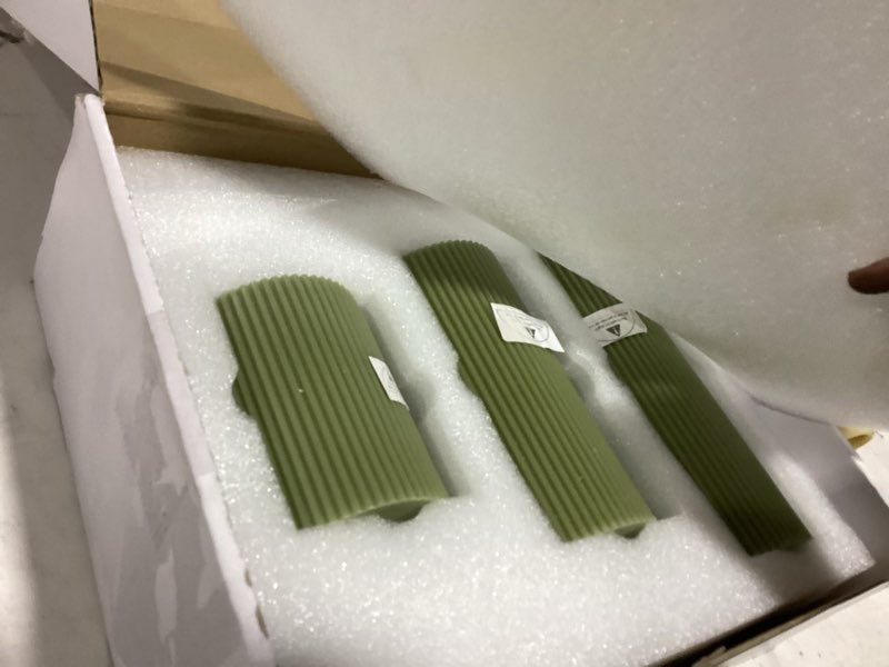 Condition photo showing New/Like New for conelist ribbed pillar candles set of 3, width 3" high 4" 6" 8" large soy wax orchids scented pillar candles aesthetic ribbed modern home decor for bathroom living room(bean green)